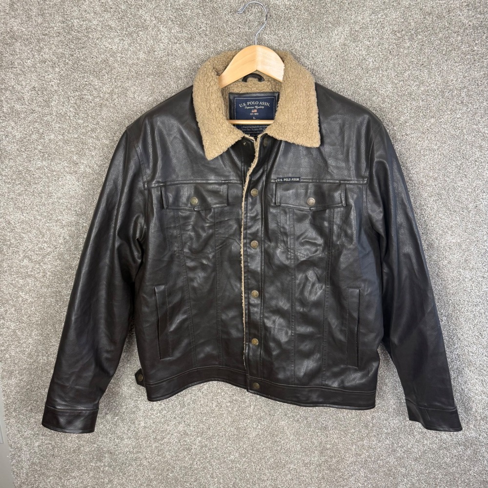 US Polo Assn Mens Large Faux Leather Sherpa Lined Trucker Jacket Brown - Picture 2 of 8